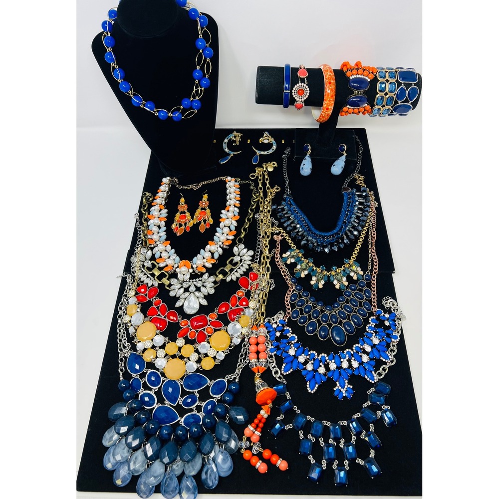 Modern Chunky Orange & Blue Color Rhinestone Statement Necklaces, Bracelet Of 21